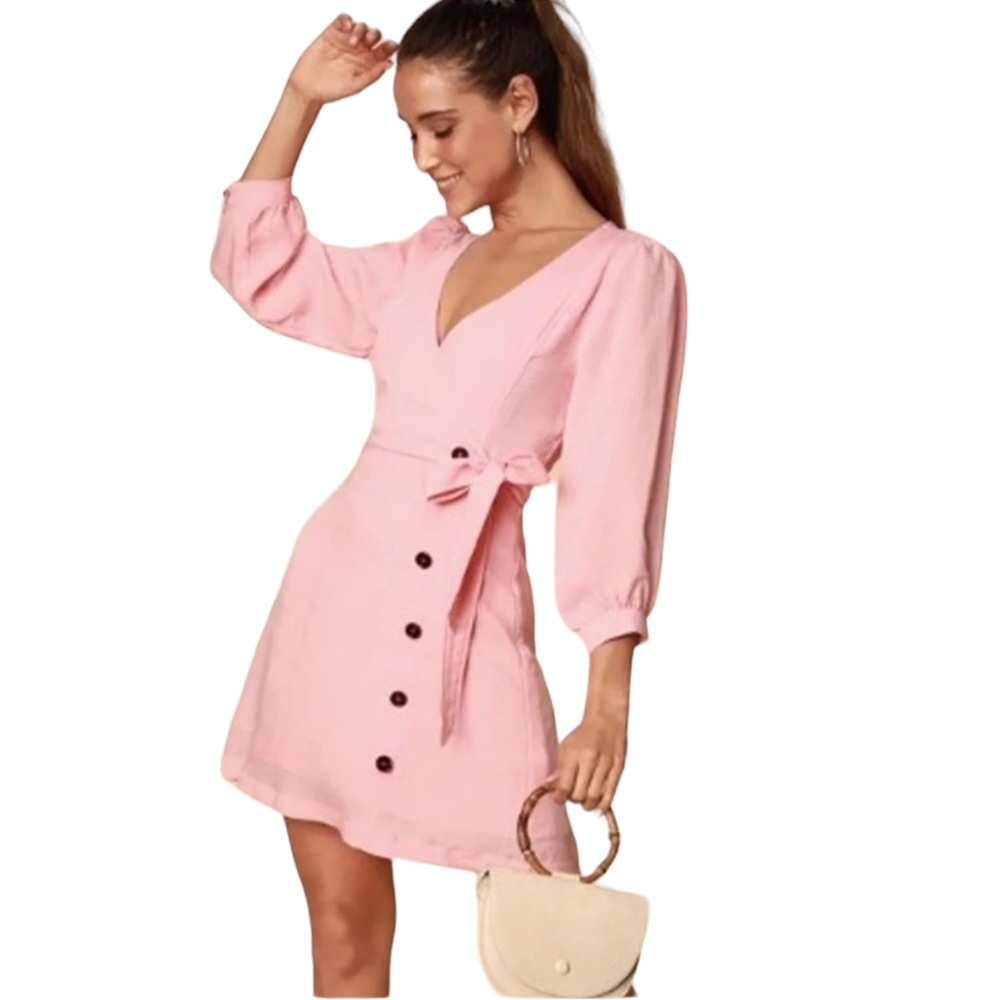 LULU’S sz Large Jr Dress “Sweetie” Long Sleeves Buttons V Neck Bow Detail Peach
